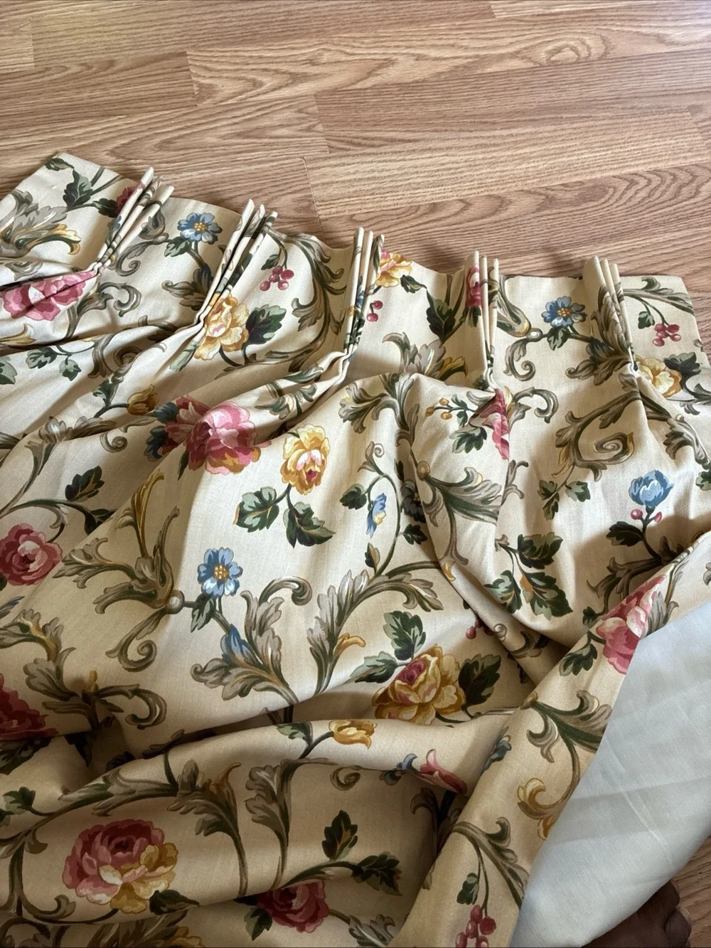 JCPenney Home Set of 3 Drapes Pinch Plaid Curtains Beige Floral Print 24x82”